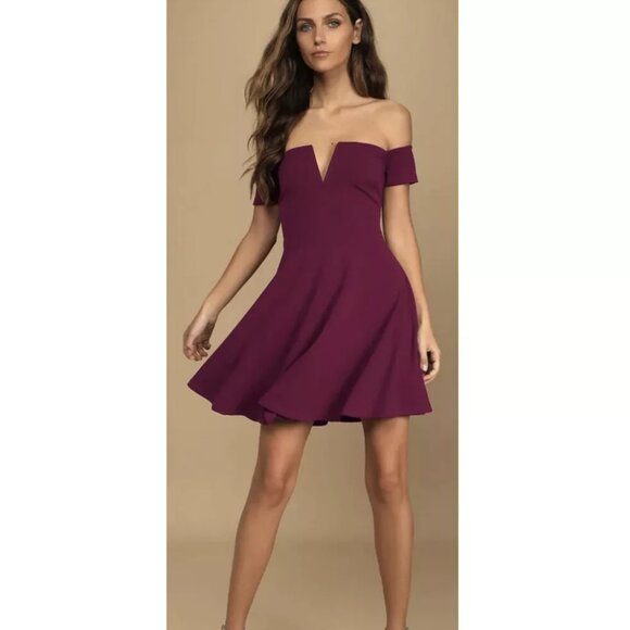 NWT LULUS Burgundy Off-the-Shoulder Skater A-Line Mini Dress Womens Sz M NWT - Picture 1 of 15